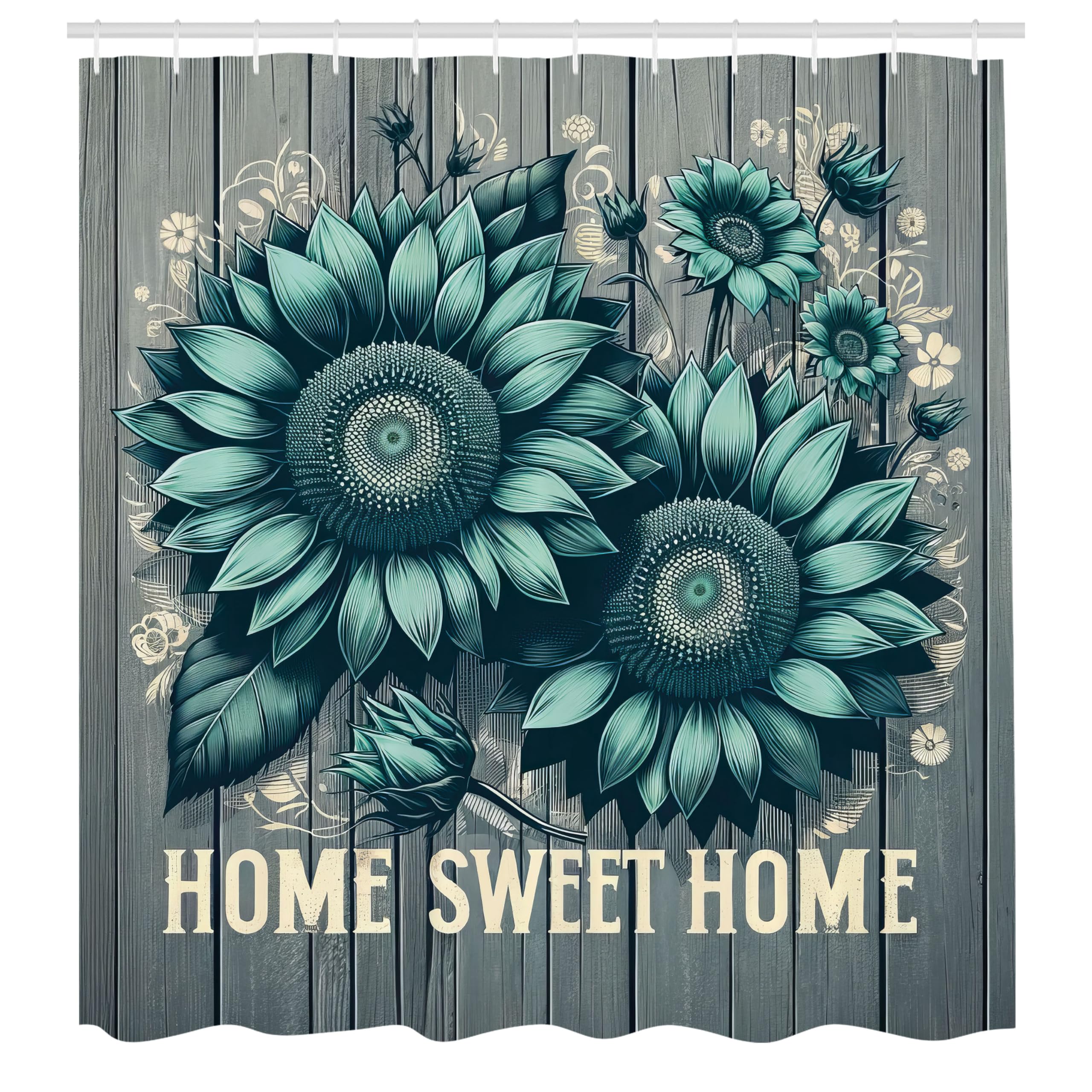 Ambesonne Teal Shower Curtain, Aquamarine Tone Sunflowers And Home Concept Phrase Modern Rustic Farmhouse, Cloth Fabric Bathroom